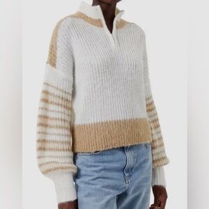 French Connection Nika Half Zip Tan White Stipe Wool Blend Sweater